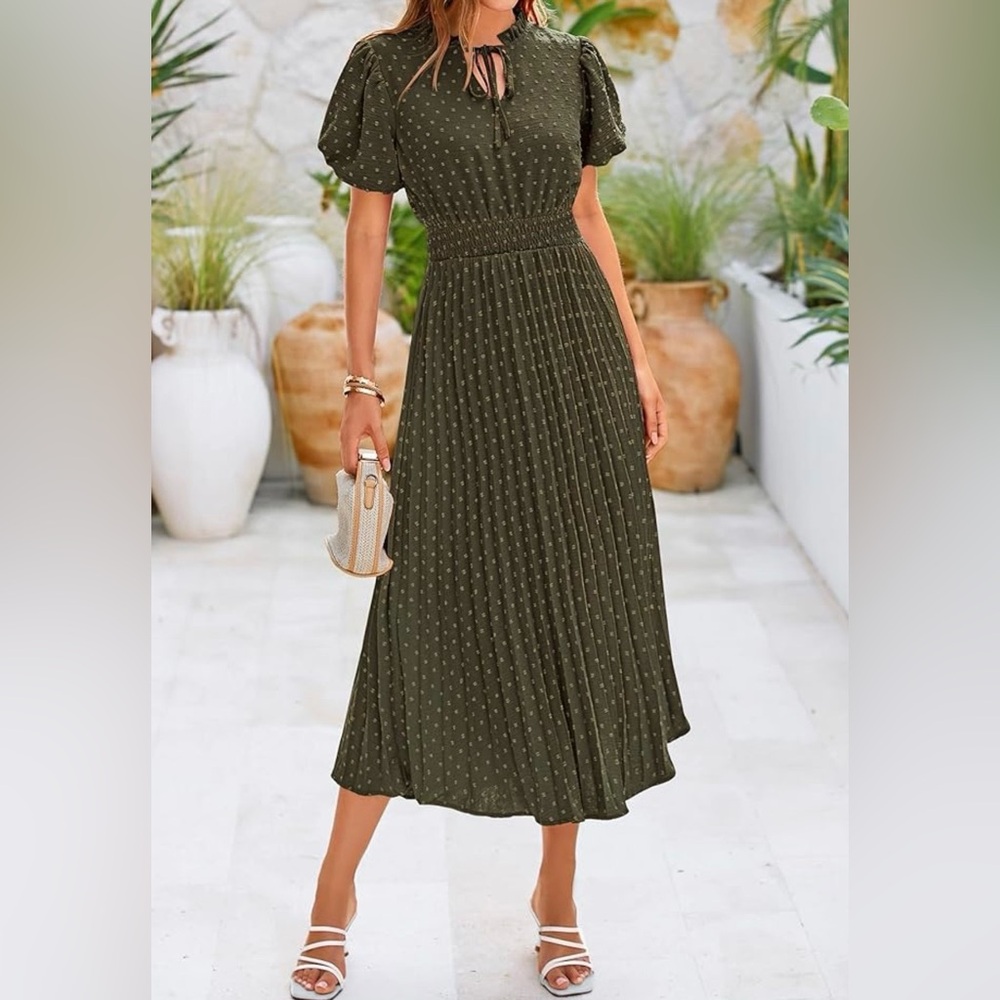 Olive Green Midi Dress with Puff Sleeves